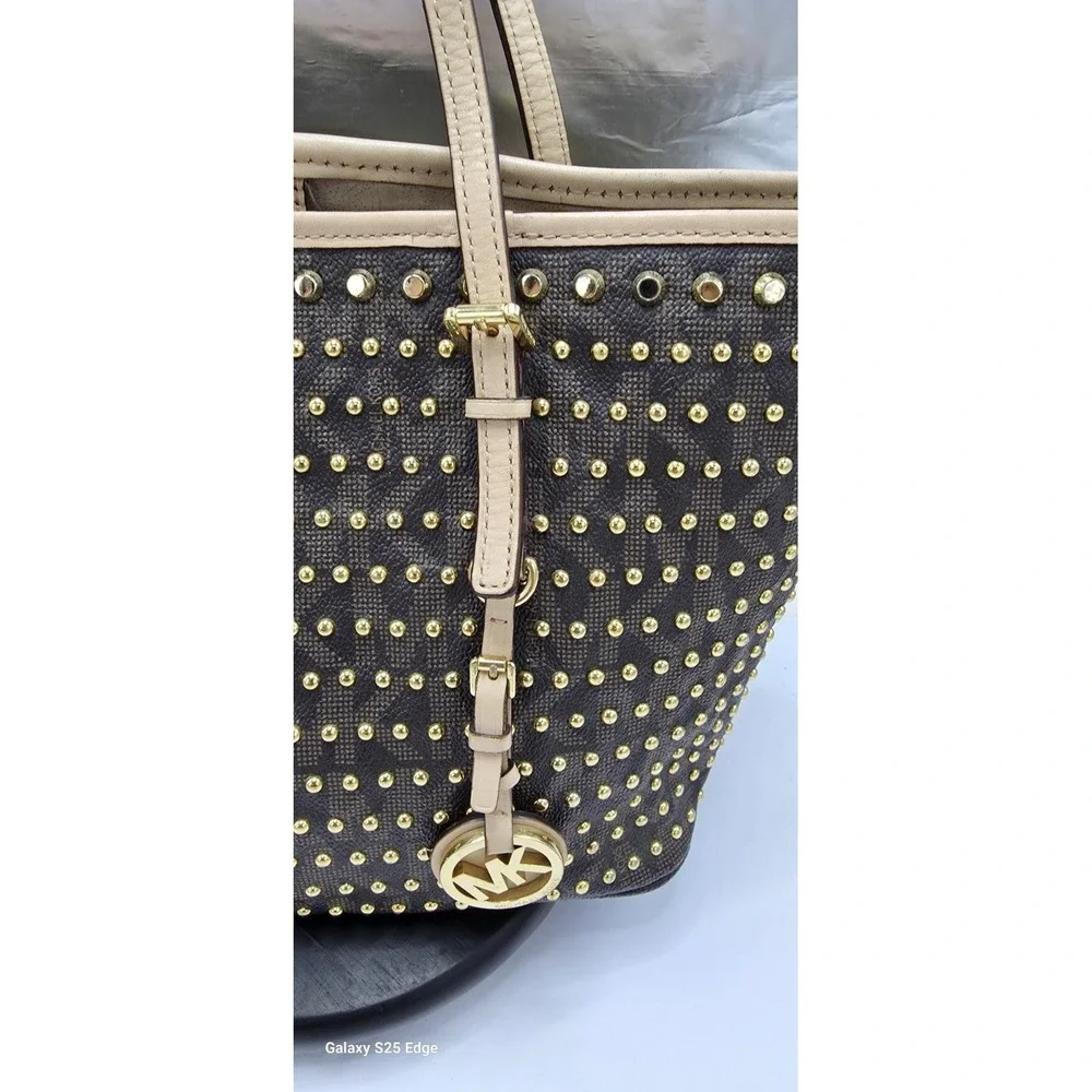 Michael Kors Selma Studded Tote Bag Brown Monogram Gold Studs Medium Handbag